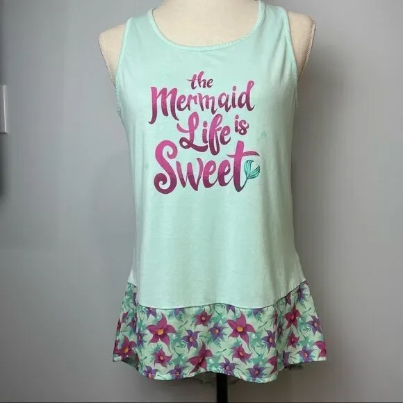 Disney The mermaid life is Sweet Graphic Tank Top Solid Blue & Purple floral M - Picture 12 of 12